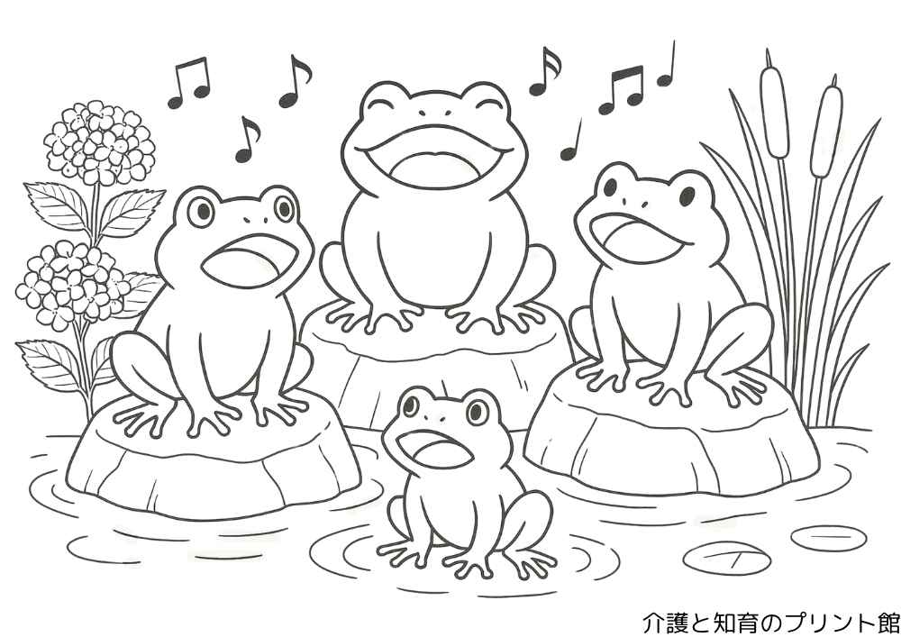 カエルたちが岩の上で合唱している様子を描いた6月の塗り絵。まわりにはあじさいと池、音符が飛び交い、梅雨の季節感を表現した高齢者と子供向けのやさしいぬりえ。